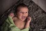 photographie d'un nouveau né les yeux ouvert qui rit dans un wrap verts anis réaliseé par noelle gamand photographe huitièm(art avignon vaucluse